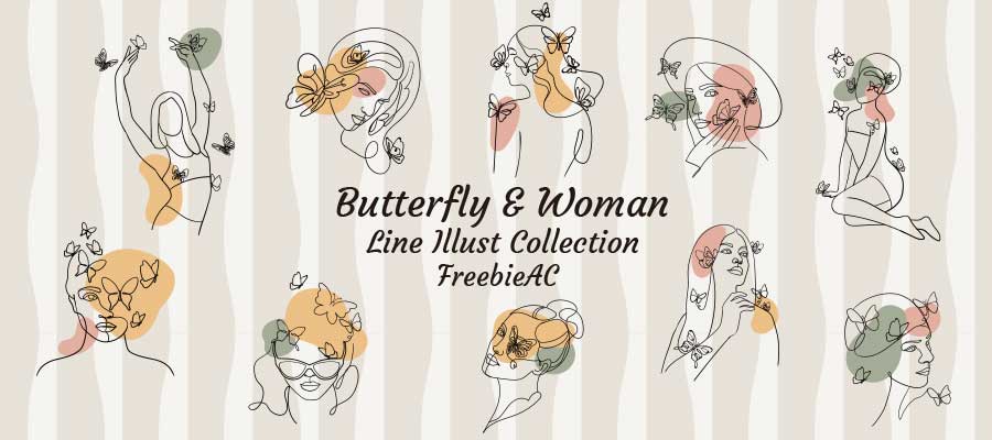 蝶と女性のラインアートイラスト