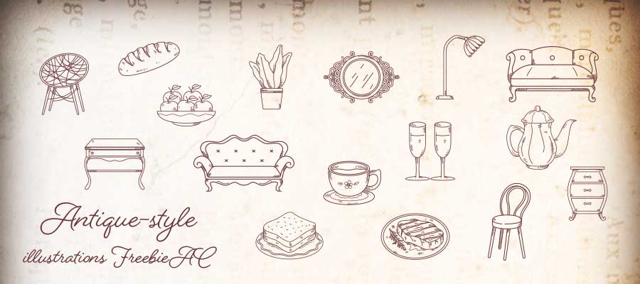 Antique-style interior and food illustrations