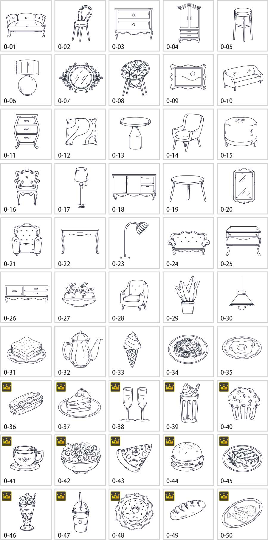 Antique-style interior and food illustrations