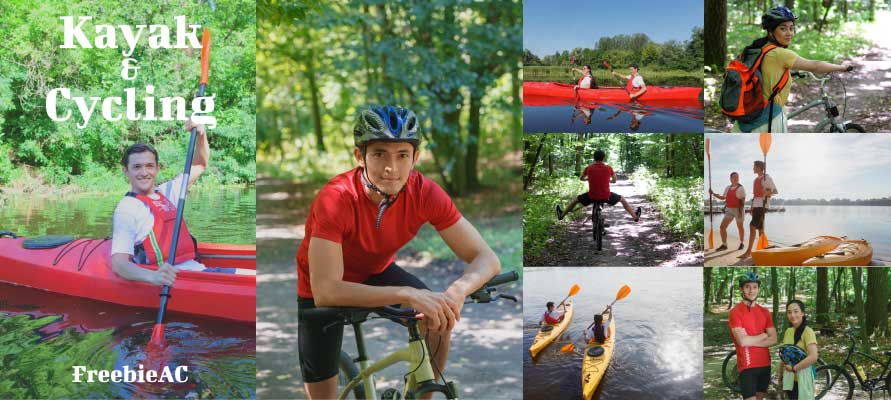 Photos of kayaking and cycling