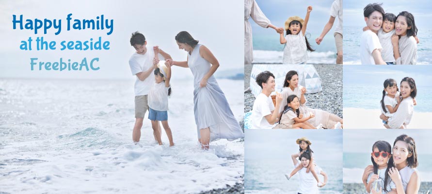 Photos of family playing by the seaside